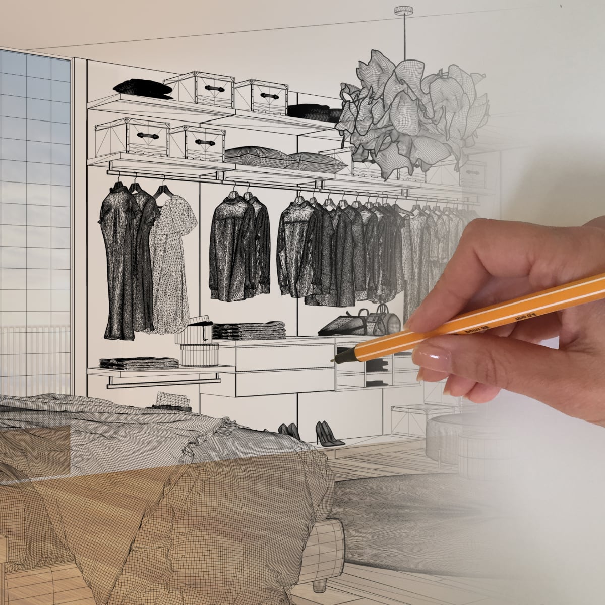 A hand with a pencil drawing a sketch of a closet design